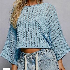 Pol cropped blue 3/4 sleeve boho sparkly beautiful NEW lightweight knit sweater